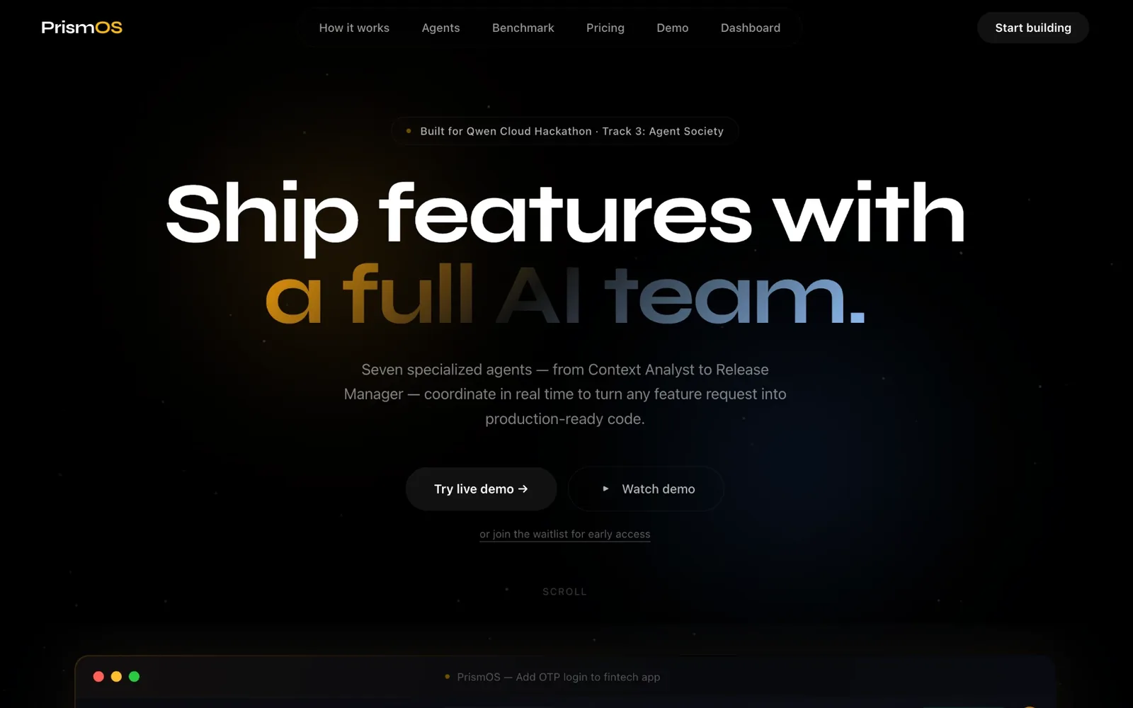 The PrismOS landing page, headed “Ship features with a full AI team.”