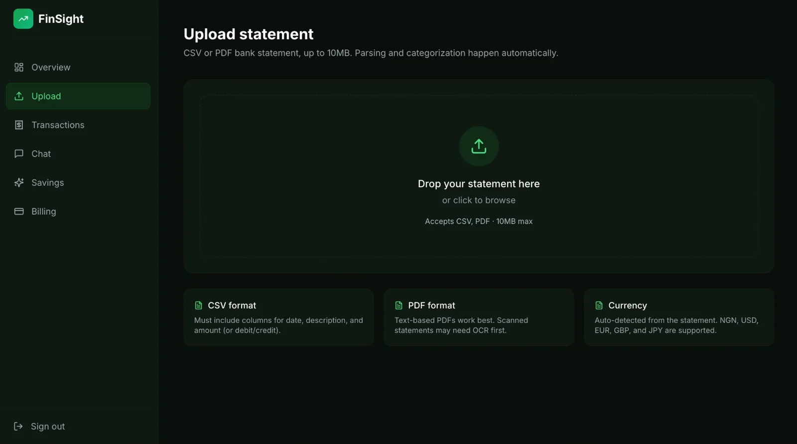 FinSight’s upload screen, where a CSV or PDF bank statement is dropped in.